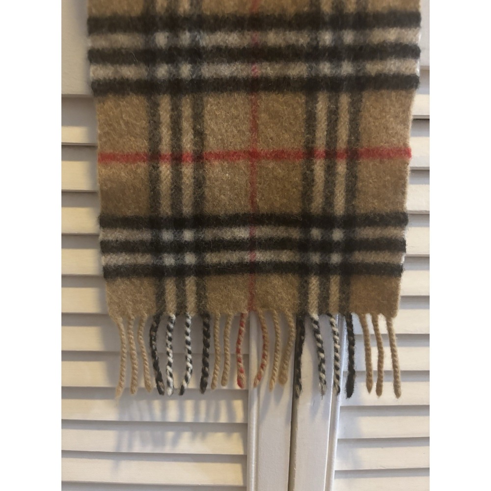 Burberry Lambswool Beige Plaid Fringe Rectangle Scarf Made in England - Picture 10 of 11